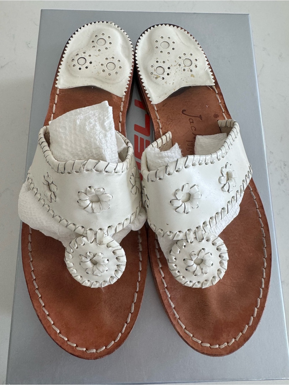 Jack Rogers White Floral Leather Thong Sandals